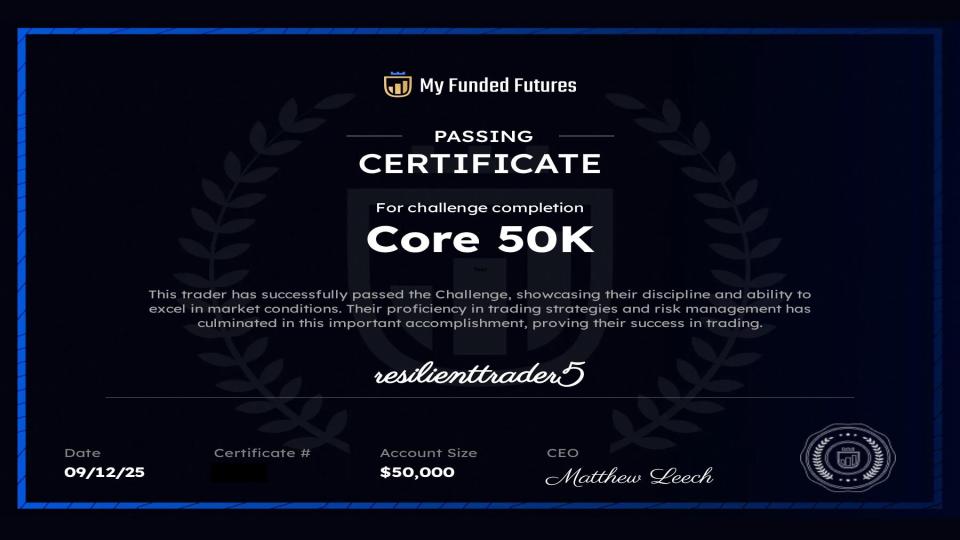 resilienttrader5 $50,000 funded futures certificate